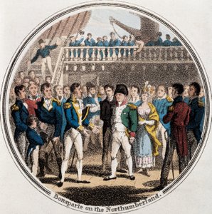 Napoleon Bonaparte en de Engelse admiraal George Cockburn op Northumberland vergezeld door Madame Bertrand
