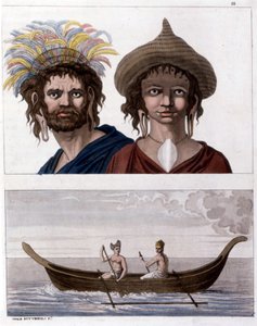 Inheems van Paaseiland (Rapa Nui) in Polynesië, leden van de Lange Oren clan. Beneden, een van hun boten. - in “Het Oude en Moderne Kostuum” door Jules Ferrario