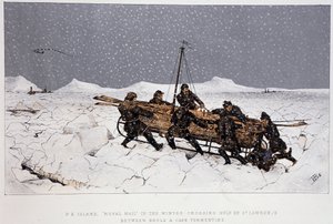 Bij de rivier, Golf van St. Lawrence: boot op een slee, nabij Brule en Cape Tormentin - in "Sketches of canadian sports and pastimes" door Luitenant Henry Buckton Laurence door Unknown artist
