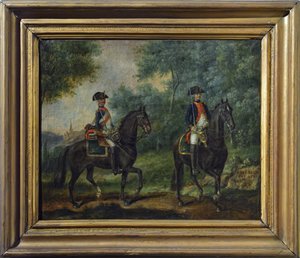 Officier en soldaat van het Mestre de Camps regiment in 1790, eind achttiende eeuw