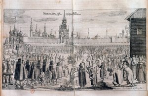 Officiële ceremonie met parade in het Kremlin van Moskou. Gravure uit de 17e eeuw. Russische bibliotheek