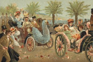 Oude gewoonte gevierd in het graafschap Nice: de bloemenoptocht in Nice. Chromolithografie uit de late 19e eeuw. door Unknown artist