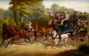 Op weg naar de derby. Fiacre en omnibus getrokken door paarden op weg naar een derby