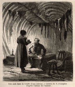 Een nacht in de buik van een walvis, de auteur wordt verwelkomd tijdens zijn reis in een boer, huis van vissers, waarvan het frame en de meubels zijn gemaakt van het skelet van de enorme walvis en van de huiden van zeehonden, paarden en honden. Gravure ter door Unknown artist
