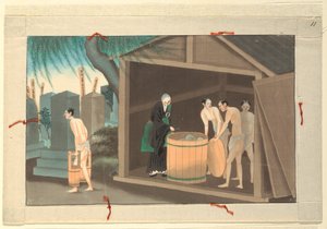 Een van zestien scènes van de dood en begrafenis van een man door Unknown artist