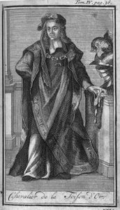 Ridderorden. Ridder van de Orde van het Gulden Vlies in Spanje in de 15e eeuw. In "Geschiedenis van militaire orden of ridders, van de seculiere en reguliere milities van beide geslachten, die tot nu toe zijn opgericht. Editie genomen van Abbe Giustiniani door Unknown artist