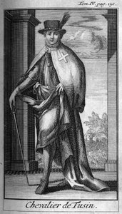 Ridderorden. Ridder van Tusin in Oostenrijk in de 16e eeuw. In "Geschiedenis van militaire orden of ridders, van de veilige en routinematige milities van beide geslachten, die tot nu toe zijn opgericht. Editie genomen van Abbe Giustiniani, R.P.Bonani, M. H door Unknown artist