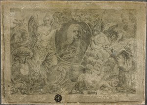 Ovale portretbuste vastgehouden door allegorische figuren door Unknown artist