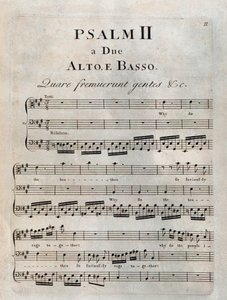 Pagina van de tweede psalm in de muzikale partituur van "De psalmen" door Benedetto Marcello door Unknown artist