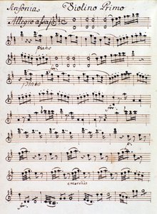 Pagina van de bladmuziek voor de eerste viool van Symfonie nr. 4 in D, door Mozart (1765)