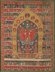 Geschilderde banier (Thangka) van de incarnatie van Avalokiteshvara van de regengod Rato Matsyendranatha