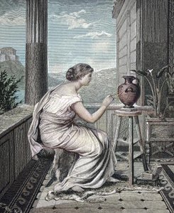 Schilder, kunstenaar, jonge Griekse vrouw schildert een vaas, historisch door Unknown artist
