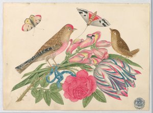 Paar Bruine Vogels op Boeket met Tulp, Roos en Leeuwenbekken, met Vlinders