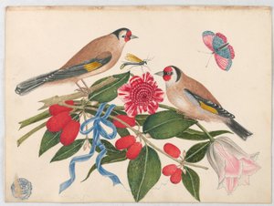 Paar Bruine Vogels met Bloesems, Bessen en een Vlinder