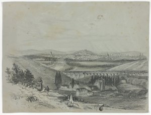 Panoramisch uitzicht op een spoorbrug en de stad door Unknown artist