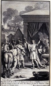 Patroclus, geraakt door het ongeluk van de Grieken, verkreeg toestemming van Achilles om hen te redden, bedekt zich met de wapens van deze prins, die offers brengt aan Jupiter voor zijn gelukkige terugkeer. Illustratie van boek XVI van de Ilias van Homerus door Unknown artist
