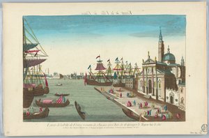Kijkdoos, Entree van de Stad Venetië vanuit Chiogia met het Eiland St. Georges le Majeur aan de Zijkant door Unknown artist