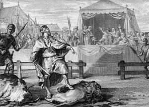 Pepijn de Korte (714-768), de nieuwe koning van de Franken, bewijst zijn moed door te vechten tegen een leeuw en een stier in een arena, 751. Gravure uit de 18e eeuw