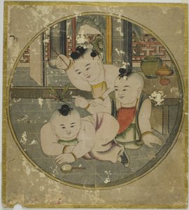 Afbeelding van bidsprinkhaan en drie kinderen 蟷螂三童図 (Tourou sandou zu)