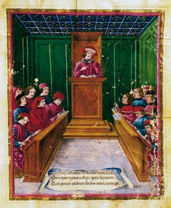 Pietro da Unzola geeft les uit juridische tekst aan leerlingen tijdens een lezing aan de Universiteit van Bologna
