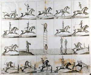 Plaque van 19 prenten die de dapperheid van de Engelse voltiger Mr Price uitbeelden. Circa 1790 door Unknown artist