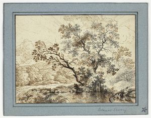 Vijver in een Bebost Landschap door Unknown artist