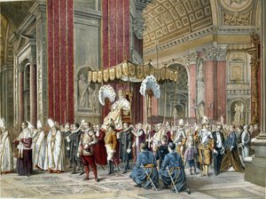 Paus Pius IX (1792-1846) ging naar de openingsceremonie op 08/12/1869 van het Eerste Vaticaans Concilie in de Sint-Pietersbasiliek. Het is op de Sedia Gestatoria. Illustratie van de periode. door Unknown artist