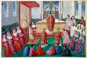 Paus Sixtus IV woont de Mis bij in de Sixtijnse Kapel in het Vaticaan