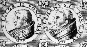 Pausen Victor II (of Victor 2 overleden 1057) en Stefanus IX (of Stefanus 9 overleden 1058). Gravure uit de 18e eeuw