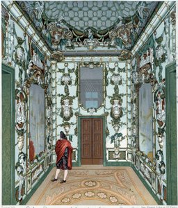 Porseleinen salon van het Koninklijk Paleis van Madrid. 18e-eeuwse gravure. Parijs, Decoratieve Kunsten