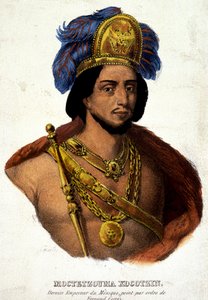 Portret in buste van Moctezuma (of Montezuma), laatste keizer van Mexico - ill. 19e eeuw n.a.v. doc. 16e eeuw