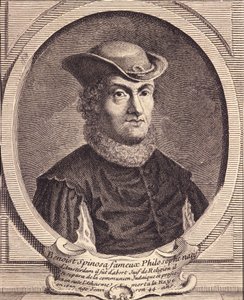Portret van Baruch Spinoza (1632-1677), Nederlandse filosoof, ook bekend als Bento de Espinosa of Benedictus de Spinoza of Benoit de Spinoza. Gravure uit de 18e eeuw.