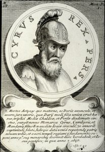 Portret van Cyrus II (ca. 559-529 v.Chr.) genaamd Cyrus de Grote, stichter van het Perzische Rijk. Gravure uit de 18e eeuw