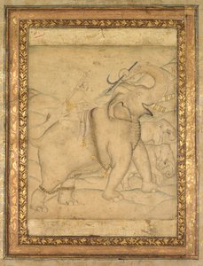 Portret van keizer Jahangir op een olifant door Unknown artist