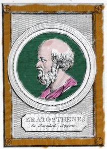 Portret van Eratosthenes van Cyrene (ca. 284 v.Chr. - 194 v.Chr.), Griekse wetenschapper, geograaf en dichter. Hij was directeur van de bibliotheek van Alexandrië en berekende de omtrek van de aarde. Portret uit de 