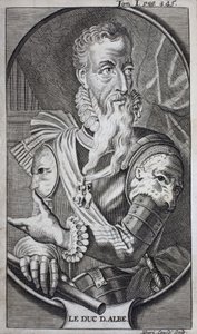 Portret van Ferdinand Alvare de Toledo (1507-1582) Derde Hertog van Alba, Groot van Spanje, Hertog van Huescar, Markies van Coria, Graaf van Salvatierra, Vicekoning van Napels (Italië) en Gouverneur van de Nederlanden. Gravure ter illustratie van 