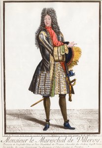 Portret van François de Neufville, hertog van Villeroy (1644 - 1730), maarschalk van Frankrijk. Gravure uit de 18e eeuw. Privécollectie.