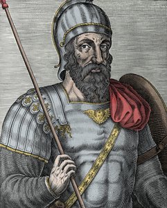 Portret van Godfried van Bouillon (1040/61-1100), Frankisch ridder, een van de leiders van de Eerste Kruistocht - Gravure 16e eeuw door Unknown artist