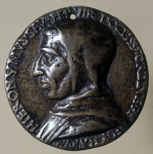 Portret van Jerome Savonarola of Girolamo Savonarola (1452 - 1498), Italiaanse prediker. Hij vestigde een theocratisch regime in Florence. Medaillon uit de tijd. door Unknown artist