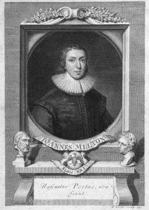 Portret van John Milton, Engelse dichter en essayist (1608 - 1674) gravure 18e eeuw