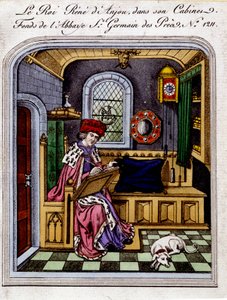 Portret van koning René van Anjou (1409-1480), ook wel René I van Napels of René van Sicilië genoemd, in zijn kabinet - gravure naar een miniatuur door Unknown artist