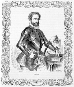 Portret van Luis de Camoens in harnas - gravure door Unknown artist