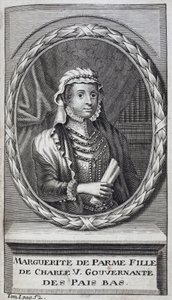 Portret van Margarita van Parma (of Margarita van Oostenrijk) (1522-1586), hertogin van Parma en Piacenza, natuurlijke dochter van Karel V (1500-1558) en gouvernante van de Nederlanden (Nederland) van 1559-1581. Gravure ter illustratie van 