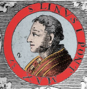 Portret van paus Linus, bisschop van Rome en opvolger van Petrus. 1e eeuw. Gravure uit de 19e eeuw.