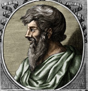 Portret van Pythagoras (ca. 570 - ca. 480 v.Chr.), Griekse wiskundige en filosoof. Gravure uit de 18e eeuw door Unknown artist