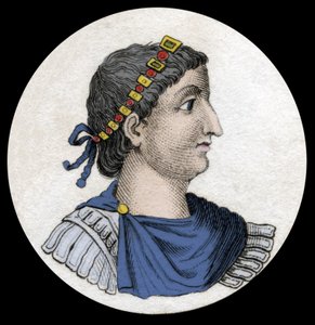 Portret van Theodosius I (Flavius Theodosius) (347-395), Romeinse keizer, Gravure uit de 19e eeuw. door Unknown artist