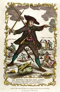Portret van de Franse bandiet Louis Mandrin (ca. 1725-1755). Achter hem, de actie van Autun en het gevecht van Baune. Gravure uit de 18e eeuw. Privécollectie door Unknown artist
