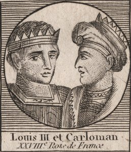 Portretten van Lodewijk III (863/65-882) koning van de Franken tussen 879 en 882 en Carloman II (866-884), koning van de Franken van 879 tot 884 - Lodewijk II koning van West-Francië en Carloman II, koning van West-Francië - gravure uit 