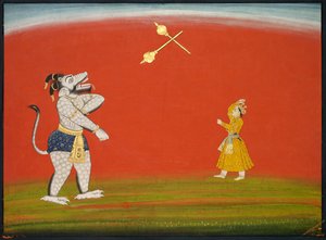 Pradyumna en Samvara vechten met Knotsen: Blad uit de "Grote Basohli Bhagavata Purana" door Unknown artist