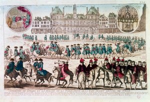 Processie ter gelegenheid van de Vredespublicatieceremonie voor het Stadhuis (Place de Greve). Gravure uit de 18e eeuw B.N. Parijs